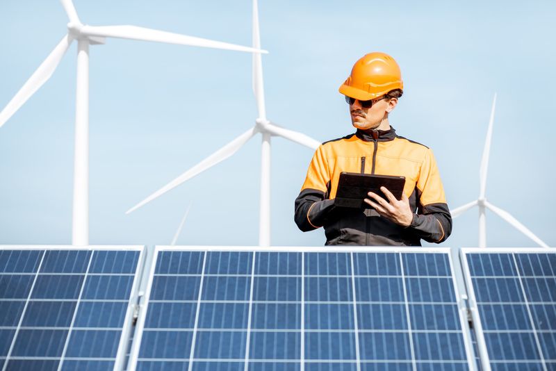 Engineer checking solar panels on a renewable energy plant